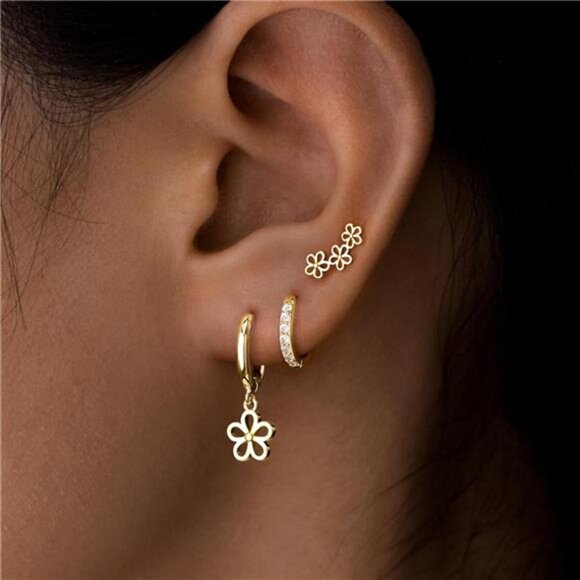 Cute Daisy Flower Earrings Set – 14K Gold Plated Cubic Zirconia Huggie - Picture 3 of 4